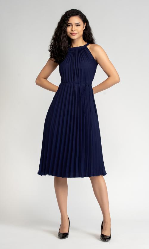 AASK Women's Elegant Belted Pleated Sleeveess Short Dress Blue Color| Dress for women| Party Dress| Dresses| Stylish Dress| | New Collection