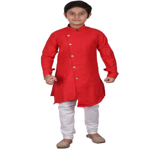Pro-Ethic Style Developer Kids Red Cotton Self Design Kurta Pajama Set For Boys