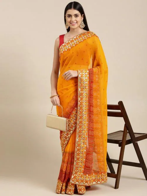 PANZORA Women Orange Woven Design Georgette Bandhani Saree with Unstitched Blouse Piece