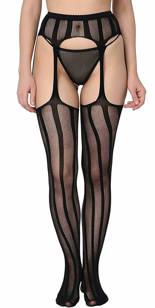 ogimi - ohh Give me Women's Sheer Fishnet Lower Body Stocking Lingerie Breathable Full Honeymoon Stocking Dress Free Size for Women and Girls (Black Design 7)