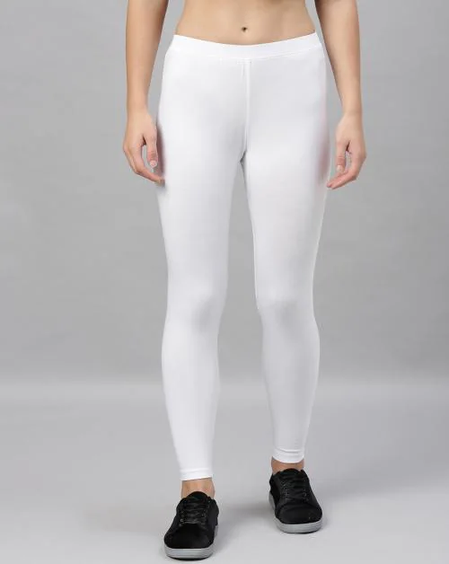 Kryptic Womens White Solid Cotton Lycra Leggings