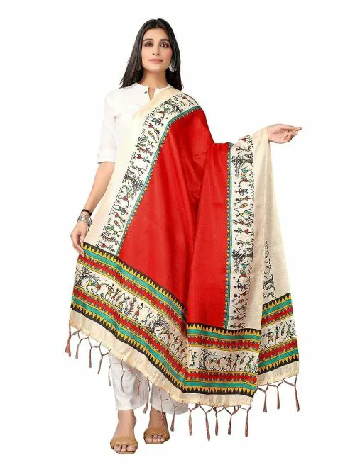 Kemza Women's Warli Printed Cotton Silk Dupatta (Red) with Traditional Print Surface