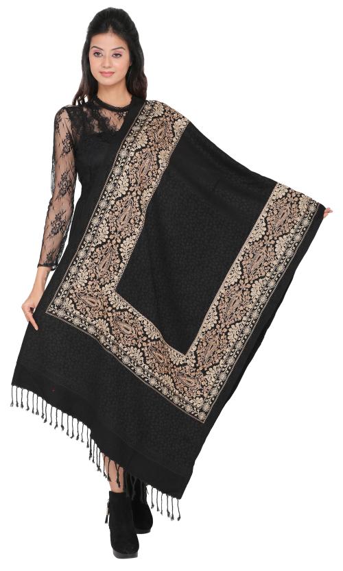 KTI Women's Winter Stole Viscose Acrylic Printed Shawl (Black Silver)