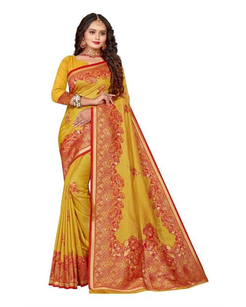 Tigdi Vasstra Women's Fancy Heavy Copper Zari Work Silk Saree #C035 Yellow