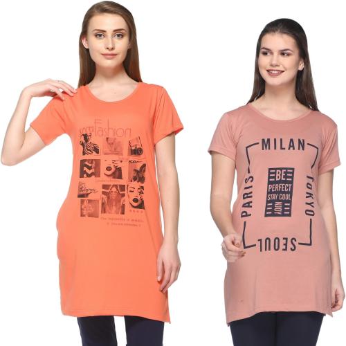 In Love Women Brown, Orange Typography Cotton Blend Pack Of 2 T-Shirt