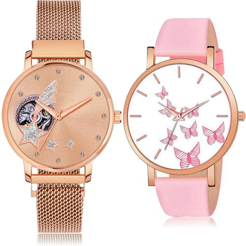 NEUTRON Contemporary Party Wedding Magnet Chain And Butterfly Rose Gold And White Colour Analog Metal And Genuine Leather Belt 2 Watch Combo For Women And Girls - GM241-G553