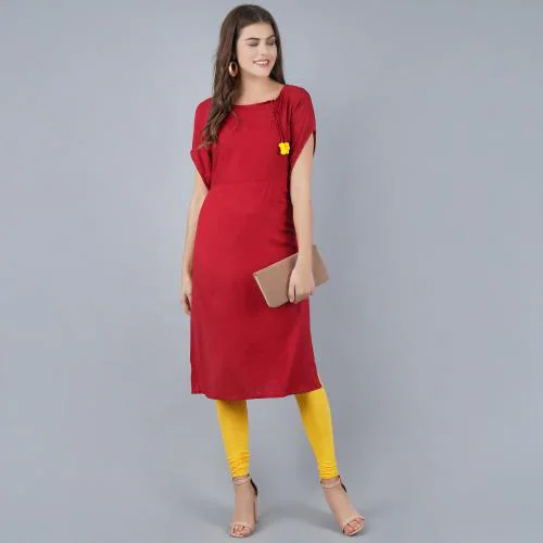 Sgrf Women Maroon Solid Viscose Rayon Straight Kurta (S)