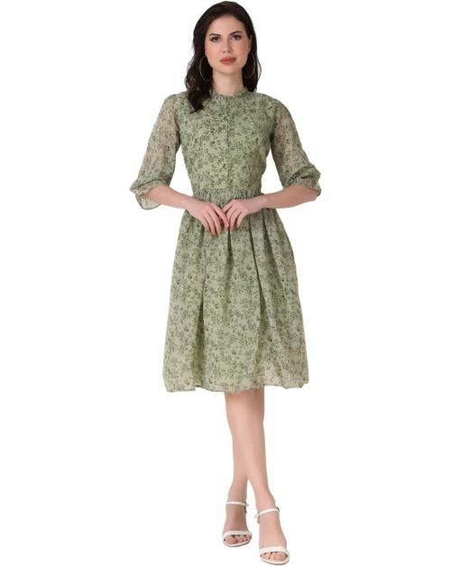 TPH Women Green Georgette Printed Single Fit And Flare Dresses