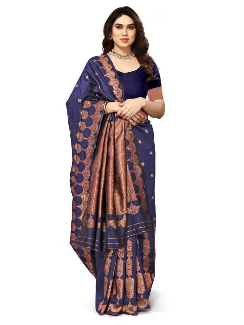 Om Shantam Sarees NavyBlue Woven, Self Design Banarasi Soft Silk, Jacquard Saree
