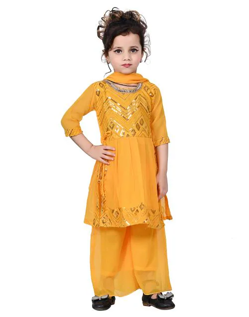 Vivek Girl's Ethnic wear Georgette Sequence Naira Dress ( Yellow )