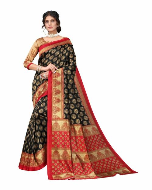 SAADHVI Women's Black Mysore Art Silk Printed Saree With Unstitched Blouse(ALIFA BLACK, Free Size)