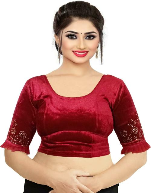 PU Fashion Women Maroon Embellished Velvet Blouse