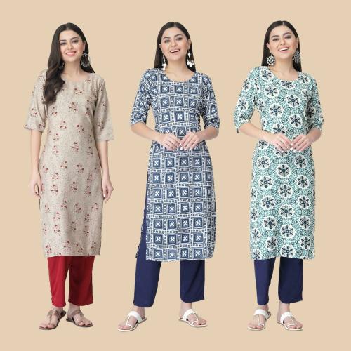 kurti for women kurti crepe kurti 1 Stop Fashion Women's Crepe Beige Digital Printed Straight Kurti Pack of-3