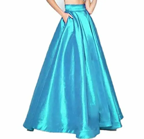 TILISM Women and Girls Deep Sky Blue Solid Satin Long Skirt - XS