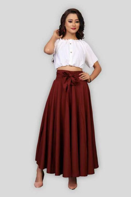 KAHARA Women Maroon Solid Polyester Top and Skirt Set (M)
