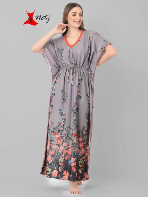 Noty Women's- Kaftan/Nighty/Maxi/Gown- Serena Fabric- V-Neck Flowery Print (Cloud Grey, Free Size)