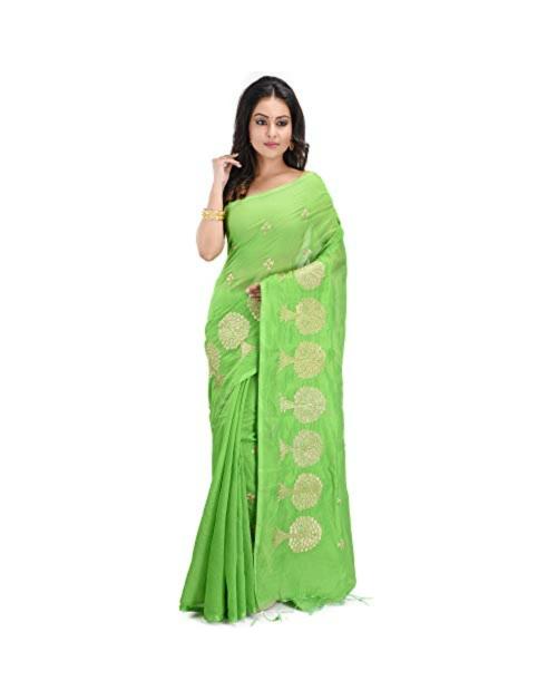 Raj Saree House Women's Traditional Cotton Silk Bengali Handloom Tant Saree - With Blouse Piece (Parrot Green)