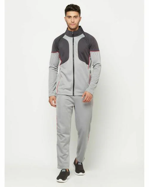 Glito Light Grey & Black Colorblocked With Neon Stripe Stretchable Regular Fit Gym Wear Track Suit For Men
