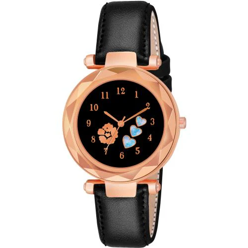 ILOZ New Stylish Trendy Rich Look Hart Design Black Leather belt Analog watch for Girls women