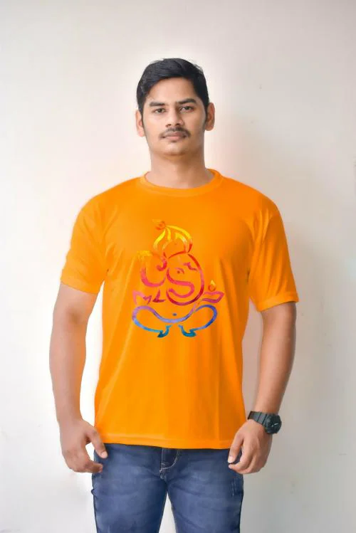 Estaban Men Orange Ganesh Printed Polyester T-Shirt (M)