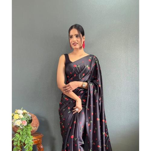 SATYAM COLLECTION Women's Beautiful Digital Printed Japan Satin Silk Saree With Unstitch Satin Silk Blouse