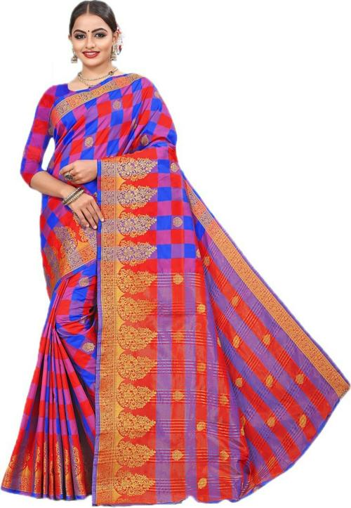 Mermaid Ocean Checkered Chettinadu Handloom Cotton Silk Saree (Blue)