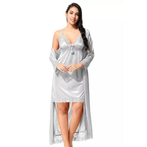 KRISHNA LADY FAB Women's 2 Pcs Satin Beautiful Comfortable Attractive Solid Loungewear Night Dress with Robe(Grey)