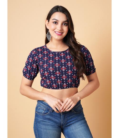 Daevish Women Geometric Print Viscose Rayon Puff Sleeves Crop Top