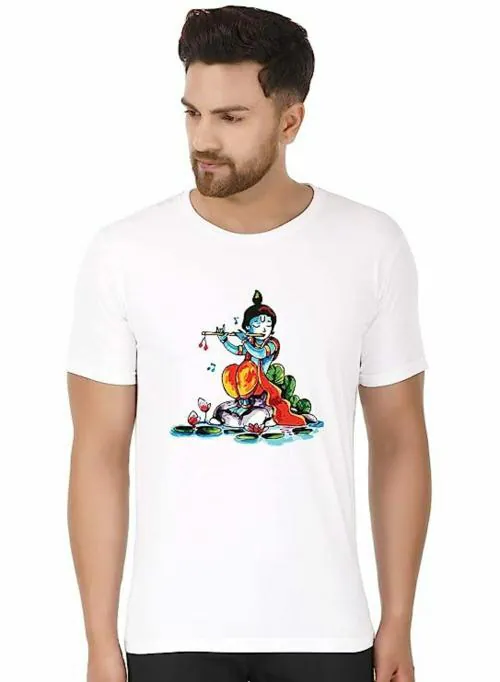 PrabhuBhakti Men's Stylish Devotional T shirt Krishna Round Neck 100% Cotton White Tshirt