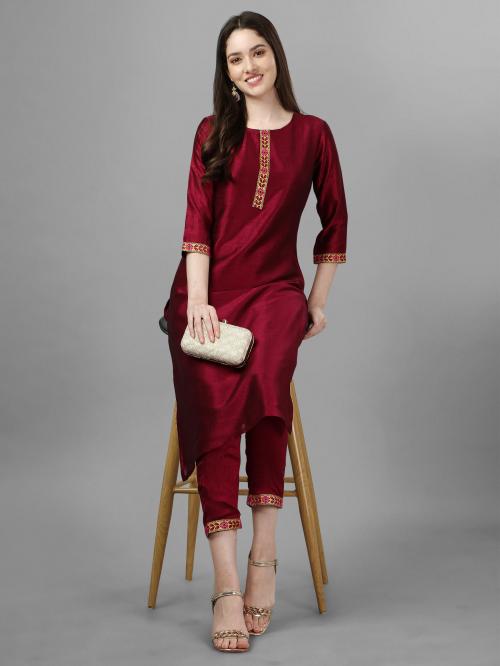 SVENJA Red Silk Blend Woven Lace Straight Round Neck 3/4th Sleeves Kurta Set_( GRL01KB002RED_XXL )