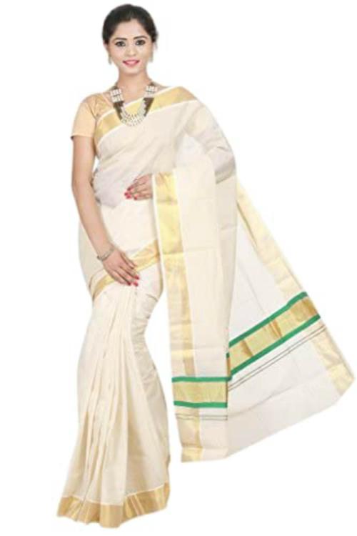 Fashionkiosks Women Brown Cotton Pallu Zari Worked Kerala Kasavu Saree With Attached Blouse Piece