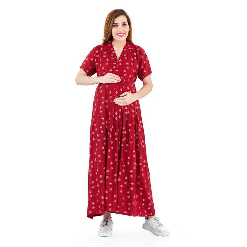 Lovely Mom's Cotton Rayon Western Printed Feeding Dress for Women with Zippers for Easy Breastfeeding|Nursing Dress|Size - L - BUST 40 - Red