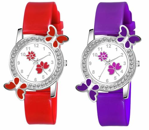KIARVI GALLERY Analog Flower Butterfly Multi-color Dial Multicolor Strap Watch for Girls And Women Watches (Pack of 2)