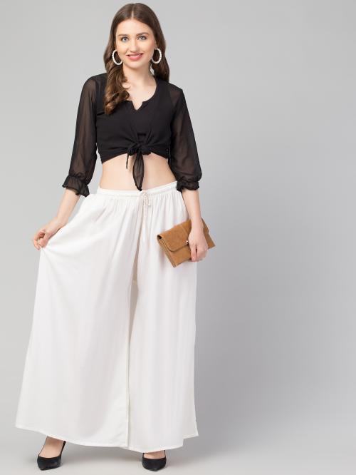 Aceola Women's Loose Fit Jumbo Wide Leg Solid Color Rayon Palazzo Sharara Free Size with Pockets ( White )