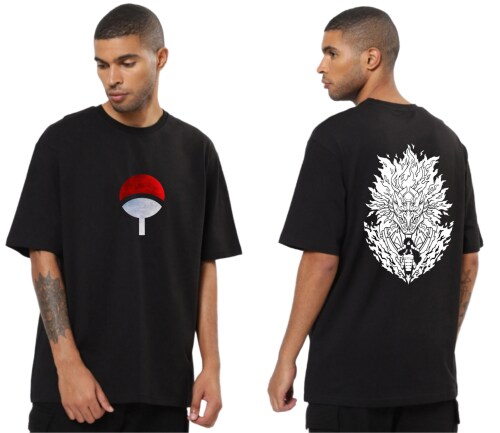 Be Crazy Madara Uchiha Anime Printed Oversized fit Round Neck Black Half Sleeves Pure Cotton Tshirt For Men