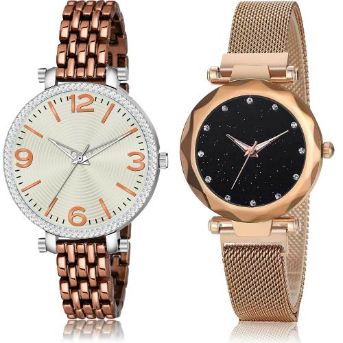 GROOT Brand New Exclusive Chain Bracelet And Magnet Brown And Rose Gold Colour Analog Metal And Stainless Steel Belt 2 Watch Combo For Women And Girls - GW44-GC9