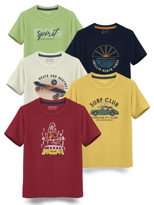 HELLCAT Maroon , Musturd , Beige , Navy , Green Trendy Graphic Printed Typographic Cotton Blend Crew Neck / Round Neck Half Sleeve T-shirt for Boys