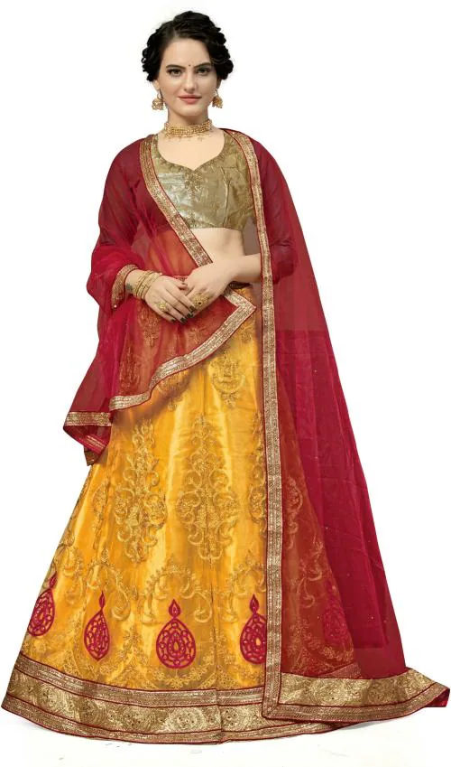 Manvaa Women Yellow Embroidered Net Lehenga Choli