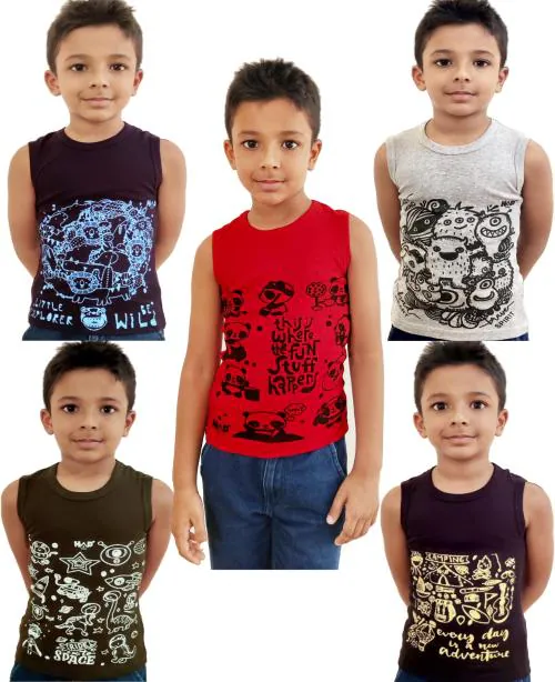 HAP 100% Cotton Boys Printed Mega Vest | Multicolor Tank top |Sleeveless Tshirt