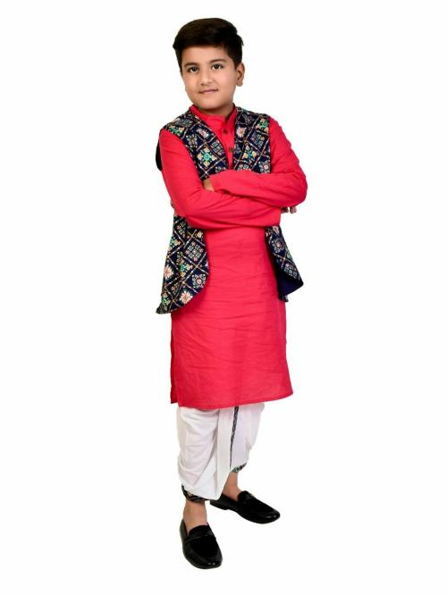 Chakori Boys Patola Printed Jacket With Solid Kurta And Dhoti - Red
