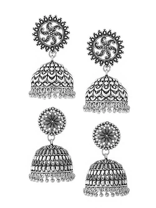 Yellow Chimes Oxidised Sun Shaped Lightweight Traditional Jhumka Earrings Silver for Girls and Women (Pack of 2)
