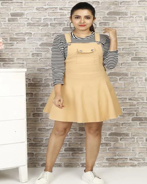 BuyNewTrend Beige Cotton Lycra 3/4th Sleeve Pocket Patch Dungaree Skirt with Striped Top For Women