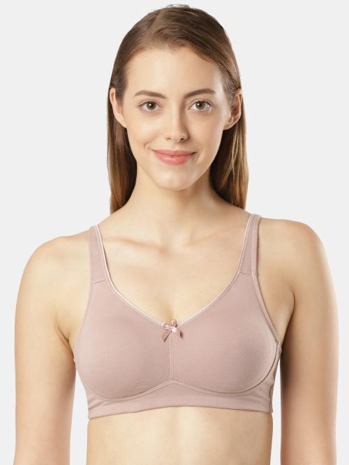 Women's Wirefree Non Padded Super Combed Cotton Elastane Stretch Full Coverage Everyday Bra with Concealed Shaper Panel and Broad Fabric Straps - Mocha