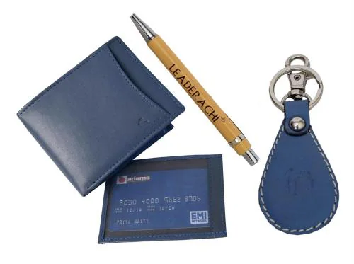 Leaderachi Men Leather Blue Wallet With Diary Key Ring And Pen (Haleatherswkpd-7002Bl)