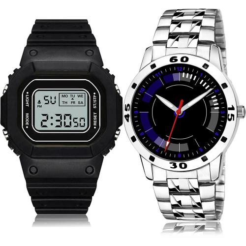 TIMENTER New Model Digital Kids Watch And Silver Chain Black And Silver Colour Analog And Digital Plastic And Stainless Steel Belt 2 Watch Combo For Boys And Men - DG28-(44-S-19)