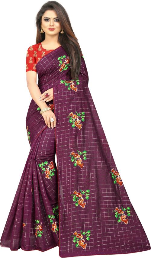 fab99 Women Purple Embroidered Chanderi Saree