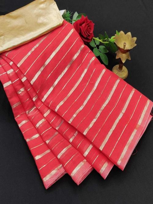 Saree Exotica Red Cotton Blend Zari Stripes Saree with All Over Zari Stripes Woven Design