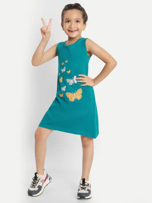 Whaou! Girls Blue Butterfly Print Dress | 3 Years to 14 Years | Girls Dress | Girls Top | Girls t tshirt | A line dress | Long Dress | Dresses | Cotton | Daily Wear | Kids Wear | Kids Girl Dress