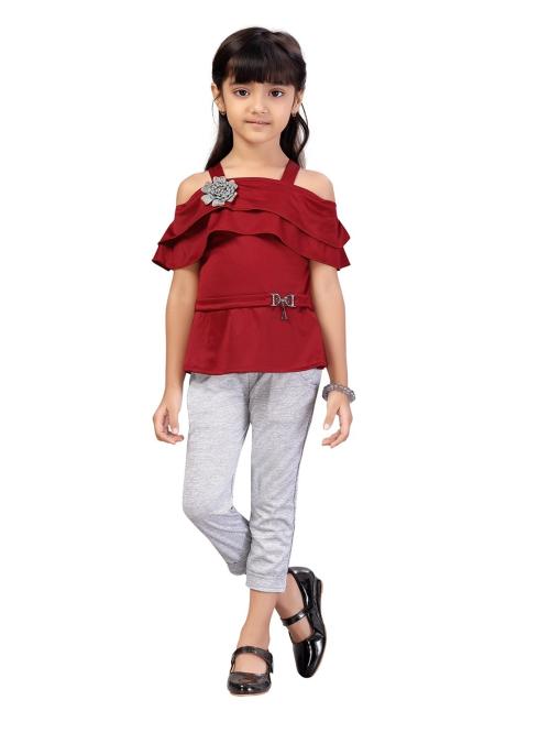 Aarika Girls Maroon Solid Cotton Blend Dress