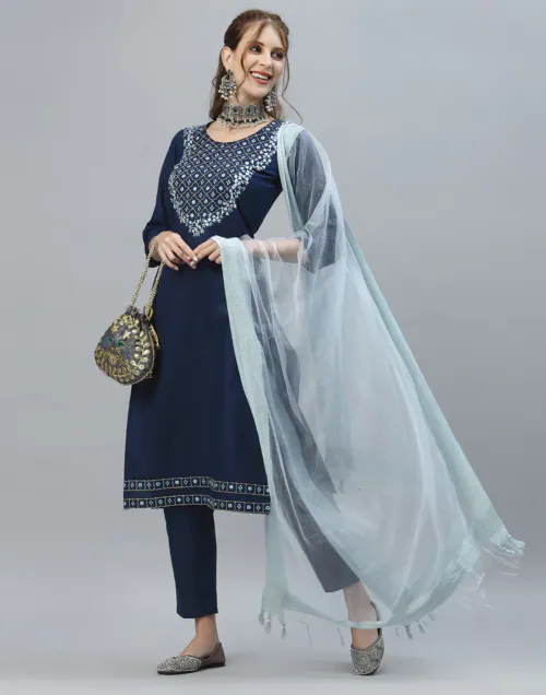 Mevika Navy Blue Kurti With Pant And Dupatta